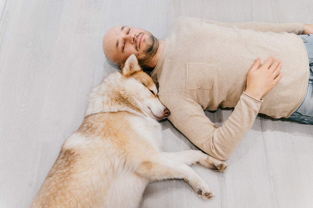 Men and his dog bonding